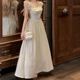Pbong  Sweet Gentle Square Neck Dress Summer New Temperament Waist-sharp Mid-length Dress