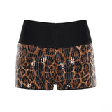 Pbong  Streetwear Leopard Printed Contrast Color Sequins Patchwork Micro Shorts Hotter Sexy Skinny Mini Bottoms Fashion