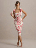 Floral Print Backless Sexy Maxi Dress For Women Gown Spaghetti Strap Square Collar Ruched Bodycon Club Party Dress