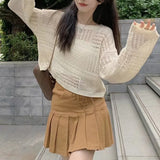 Long Sleeve Pointelle Knit Top Women Sheer Openwork Boxy-fit Crew Neck Pullovers Sweater Female Teen-girl Boho Vacation Outfit