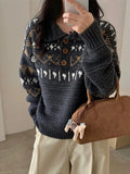 Retro Women Print Sweater Casual Korean Lazy Wind Sweet Knitted Jumpers Fall Winter Lady Long Sleeve Vintage Soft Pullover