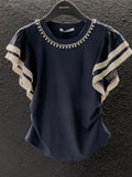 Pbong  Summer Neqw O-neck Beading Tops Mujer Patchwork Flying Sleeve Loose Tee Shirt Fashion All-match T-shirt For Women