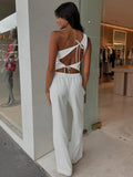 Fashion White Pant Sets Women's Sleeveless Slanted Shoulders Back Hollow Vest Lace Up Casual Trousers Two Pieces Set Lady