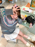 Women Fair Isle Sweater Cardigan Cute Pink Cozy Chunky Knit Collared Zip-up Sweater Jacket Teen-girl Fall Winter 90s Outfit