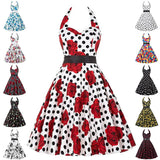 Summer Vintage Hepburn Style Dress Embroidered Neck Hanging Print High Waist Cotton No Sleeve Full Skirt Length A-Line Dress