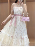 2025 Summer French Sweet Floral Sling Dress Women Bow Tie Mesh Slim Fit Dresses Korean Elegant A-Line Casual Fashion Clothing