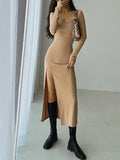 Pbong  Maxi Split Dresses for Women Solid Color Chic Temperament Robe Femme Slim Fit Square Collar Spring Dress