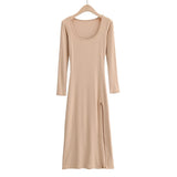 Pbong  Maxi Split Dresses for Women Solid Color Chic Temperament Robe Femme Slim Fit Square Collar Spring Dress