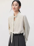 Elegant Lace Up Striped Blouse Women Fall Chic Hollow Out Long Sleeve Sweet Shirt Korean High Quality Loose Fashion New Top