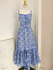 Retro Blue Printed Hollow Out Design Slim Fit Ruffles Patchwork Strapless Sleeveless Dress Beach Holiday Dresses Autumn