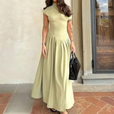 Pbong  Patchwork Pleated Maxi Dress Women's Black Half-turtleneck Short Sleeve High Waist Chic Elegant Office Street Dress