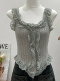 Women's Sweet Girl White Lace Knitted Crop Top Korea U-Neck Spaghetti Straps Tank Top 2025 Summer Female White Lace Stretch Cami