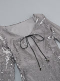 Sexy V Neck Lace-up Sequins Mini Dress Women Silver Gray Sequined Sheer Boaycon Dress Spring Elegant Party Evening Club Dresses
