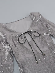 Sexy V Neck Lace-up Sequins Mini Dress Women Silver Gray Sequined Sheer Boaycon Dress Spring Elegant Party Evening Club Dresses