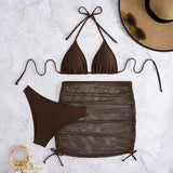 3 Pieces Solid Swimsuit Women Triangle String Bikini Sexy Swimwear Female With Drawstring Skirt Bathing Swimming Swim Suit