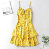 Pbong  Floral Printed Mini Dress Yellow Ruffles Summer Sundress Tiered Vintage Chic Backless Beach Dresses Ladies Vestidos