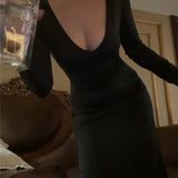 Solid Color Basic Simple Knitting Long Dress New V-neck Slim Fashion Autumn Women's Dress Sexy Chic Tight Female Winter Vestidos