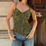Pbong  Women's Vintage Style Floral Print V-Neck Camisole Summer Asymmetry Design Mesh Patchwork Double Layers Mini Sleeveless Tops New