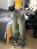 Woman Loose Jeans Casual Low Waist Denim Straight Leg Pants Gradient Color Tie-dyed Pockets Simple Vintage Korean Preppy Style