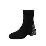Pbong  new square head boots elegant pearl rhinestone thick heel suede single boots female short boots hundred