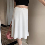 Elegant White Women Satin Skirt Fairycore Ruffle Mid Skirts Coquette A-line Basic Casual Korean Style Summer Silk Skirt