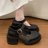 Pbong  Women's Mesh Ankle Buckle Mary Jane Sandals Summer Black Patent Leather Thick High Heels Roman Sandals Woman Soft Platform Pumps