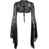 Vintage Gothic  Black Lace T-shirt Women Streetwear Flare Sleeve See Through Sexy Smock  Top Elegant Aesthetic Cropped Tops