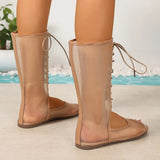 Pbong  Mesh Fishmouth Mid Calf Boots, Lace Up Open Toe Flat Booties, Summer Breathable Casual Shoes for Women