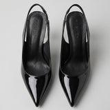 Pbong  Black Closed-Toe High Heels for Women, New Spring and Autumn Patent Leather Backless Shoes, Stiletto French-Style High Heels Sandals