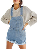 Pbong  Women's Y2K Vintage Retro Denim Bib Overalls Adjustable Straps Pocket Romper Shorts Casual Rolled Cuff Shortalls