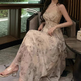 Elegant Floral Chiffon Midi Dresses for Women Holiday Long Dress Sleeveless Vintage Dress Fairy Slim Party Casual