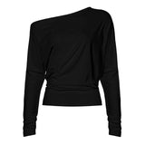 y2k Tops for Women Aesthetic Clothing Solid Color Oblique Neck Long Sleeve Crop T Shirts 2000s Clothes Streetwear