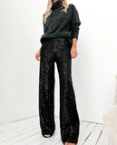 Women's Elegant Silk Sequins Pants, Midi Waist, Loose Long Pants, Classic Trousers, Female Clothing, Fashion, Streetwear,