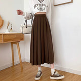 Vintage Brown Pleated Long Skirts Women Korean Fashion High Waist Chic Elegant A-line Midi Skirt for Girls Preppy Style