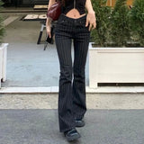 Pbong  American Vintage Flare Pants Low Waist Striped Pockets All Match Pantalones Mujer Female Slim Trousers Fashion Women's Clothing
