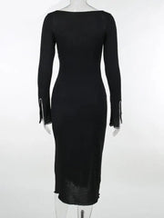 Sexy Rhinestone Black Dress Women Hipster Square Collar Full Sleeve Split Bodycon Midi Dresses Autumn Party Clubwear
