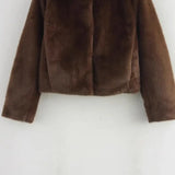 Pbong  Loose Brown Faux Fur Collar Jacket Short Outerwear Women's Fashion Autumn New Style Artificial Leather Coat Full Sleeve