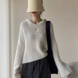 Grey Mohair Knit Hooded Sweater for Women Loose Bell-Sleeve Pullover Hoodie Female Autumn Winter Casual Chic Outfit