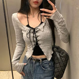 Two Piece Set Lace-up Cardigan with Cami Women's Sexy Slim Y2K Crop Long Sleeve Criss Cross Knit Tops Korean Acubi Outfit