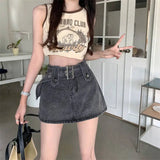 Mini Denim Skirt Women Vintage Sexy High Waist Belt A-line Slim Jeans Skirt Casual Y2K Skort Summer Korean Streetwear