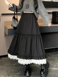 Pbong  Japan Y2K Black Long Skirts Women Vintage Lace Patchwork Loose Skirt Harajuku Casual Streetwear Female Retro A Line Skirt