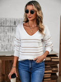 Autumn and winter casual V-neck striped pullover long sleeved knitted sweater