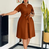 Pbong  Fashionable Pure Color Belted Short Sleeve plus Size Dress Elegant Summer Women's Clothing V-neck Knee-length Dress