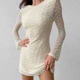 Pbong  Y2k Sexy O Neck Long Sleeve Backless Jacquard Solid Slim Lace-up Short Fashion Dresses