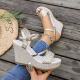 Pbong  Summer Women Woven Upper Wedge Sandals Ankle Strap Platform Open Toe Non-Slip Sole Beach Holiday Casual Walking Shoes