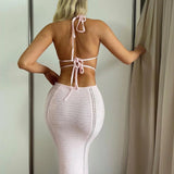 2025 New Pink Knit Sexy Log Dress Hollow Out Halter Neck Backless Chic Vacation Summer Dress Solid Tight Beach Dresses For Women
