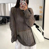 Oversized Crochet Top for Women Long Sleeve Crew Neck Casual Open-knit Sweater Pullovers Top Teen-girl Grunge Y2K Outfit