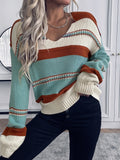 Fashionable women's V-neck striped contrasting pullover long sleeved knitted sweater