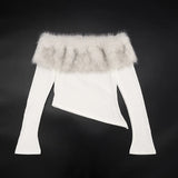 Pbong  New Autumn Furry Patchwork Long Sleeve Off-Shoulder Asymmetric Top Women's Fashion One Shoulder Temperament Elegant Top