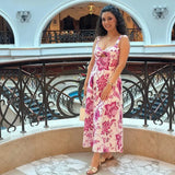 Sexy Fashion Backless Slim Fit Hollow Embroidery Printed Long Dress Rosered V-neck A-line Party Dress Summer Woman Clothing 2025